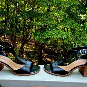 Lucky Brand black leather T-wrap heeled sandals